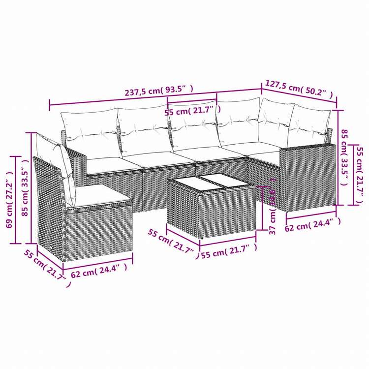 vidaXL ガーデンソファ7点セット クッション付き グレー ポリラタン家具 アウトドア家具 屋外家具セット(代引不可)