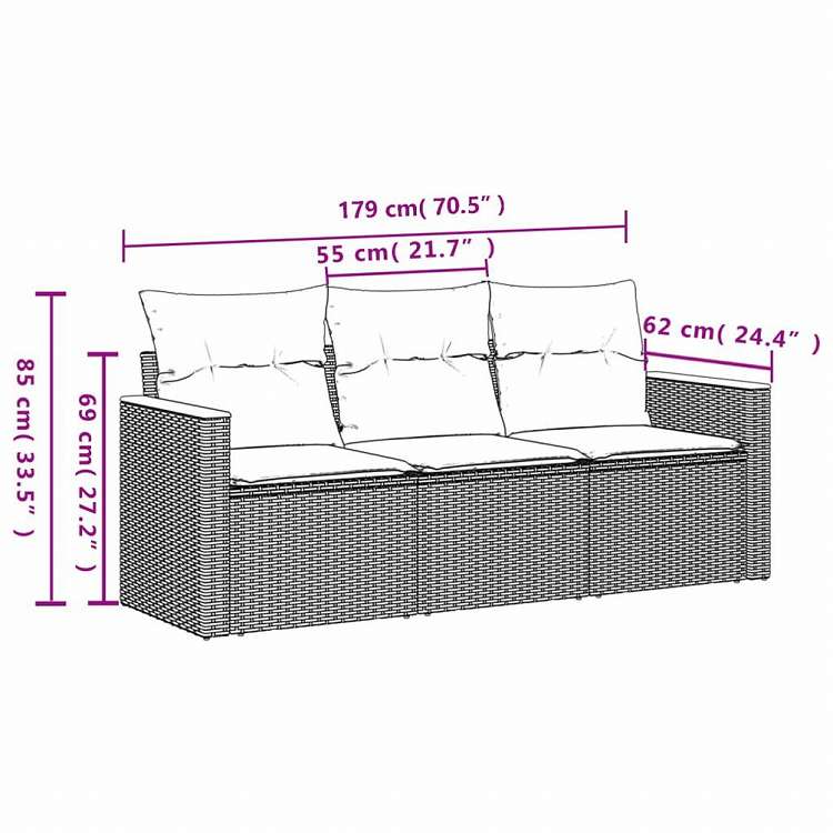 vidaXL ガーデンソファ3点セット クッション付き 灰色 ポリラタン製家具 アウトドア家具 屋外家具セット(代引不可)