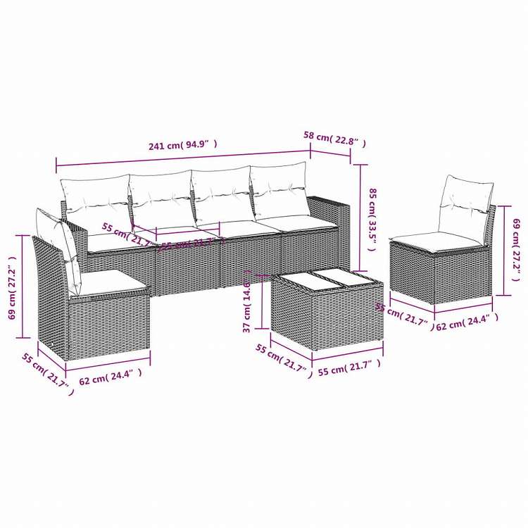 vidaXL ガーデンソファ7点セット クッション付き グレー ポリラタン家具 アウトドア家具 屋外椅子 屋外用組み合わせソファセット(代引不可)
