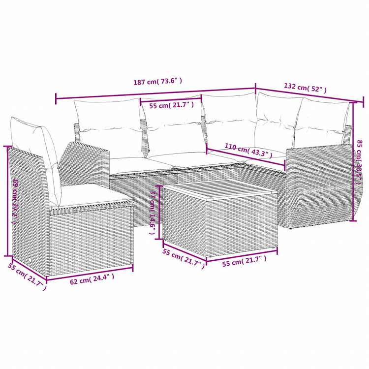 vidaXL ガーデンソファ6点セット クッション付き グレー ポリラタン製家具 アウトドア家具 屋外家具セット(代引不可)