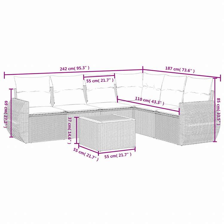 vidaXL ガーデンソファ7点セット クッション付き グレー ポリラタン家具 アウトドア家具 屋外家具セット(代引不可)
