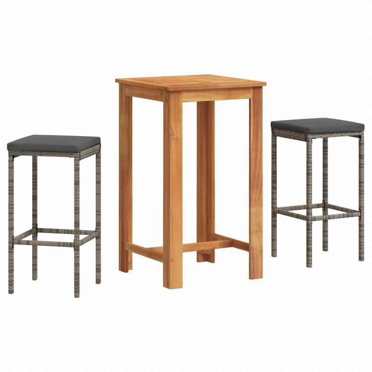 vidaXL ガーデンバー 3点セット グレー アカシア無垢材&ポリラタン家具 アウトドア家具 屋外家具セット(代引不可)