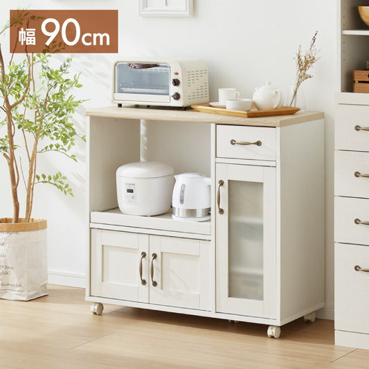 キッチンカウンター キャスター付き 幅88cm 食器棚 ロータイプ キッチンボード レンジ台 レンジボード レンジラック 大型レンジ対応 キッチンラック カップボード キッチン 収納 引き出し